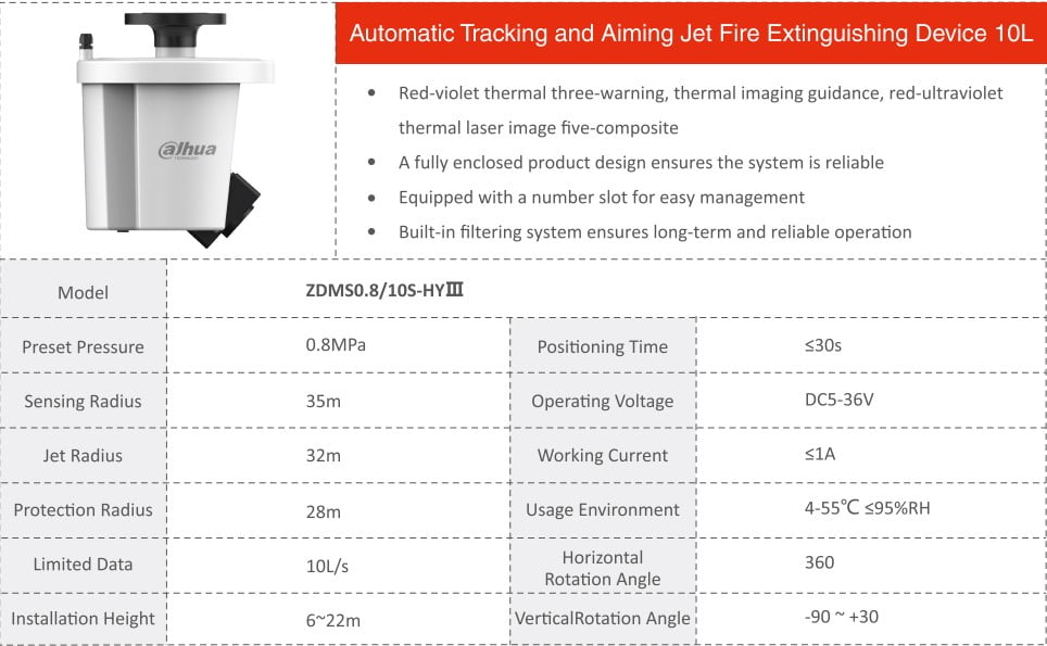 Automatic Tracking and Aiming Jet Fire Extinguishing Device 10L Dahua Specifications