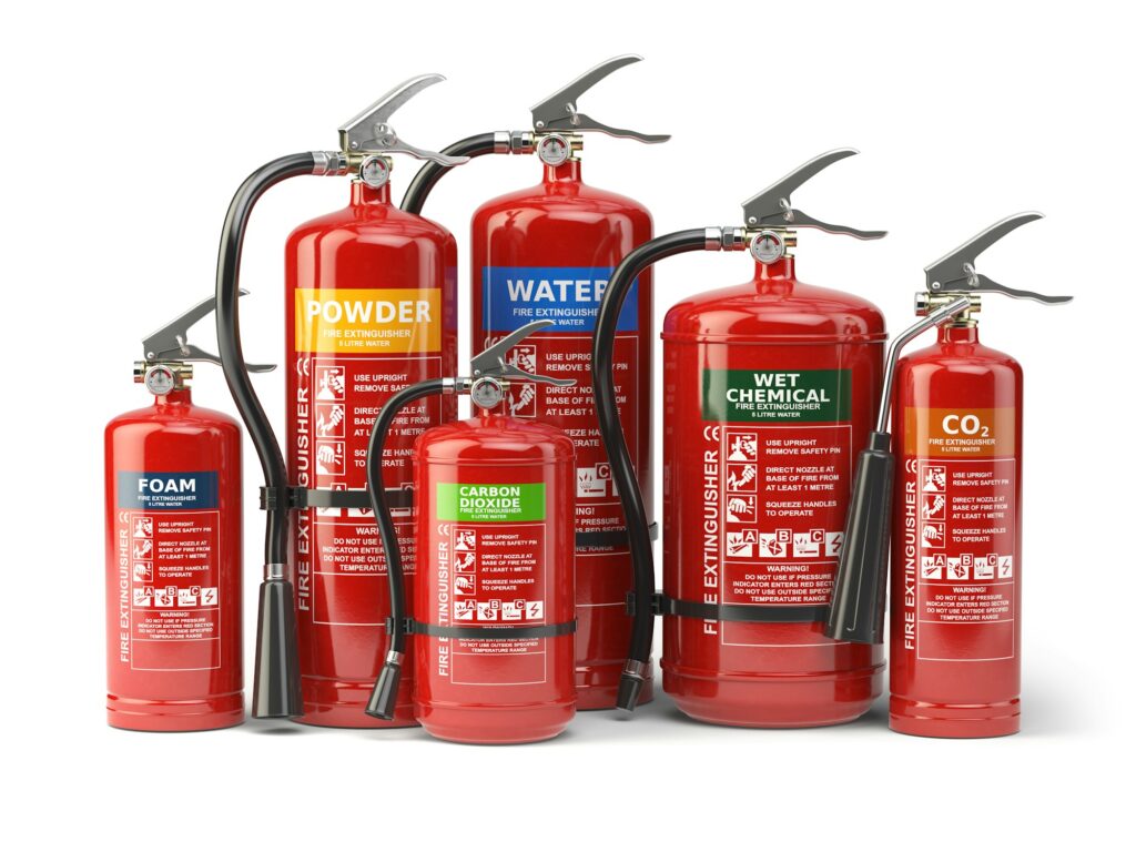 Fire extinguishers isolated on white background. Various types o